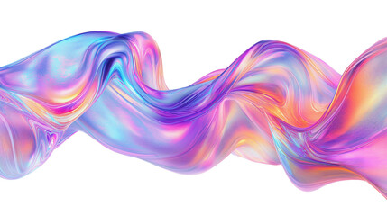Holographic fluid wave with metallic glossy texture and iridescent effect, isolated on transparent background cutout