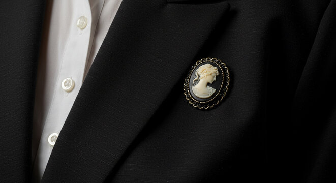 Close-up de broche camafeu vintage em blazer preto