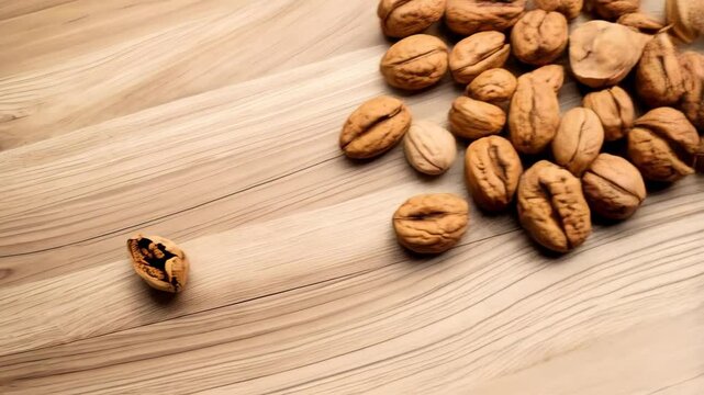 Empty walnut shell resting on a light brown wooden surface with visible grain, natural texture and organic pattern.