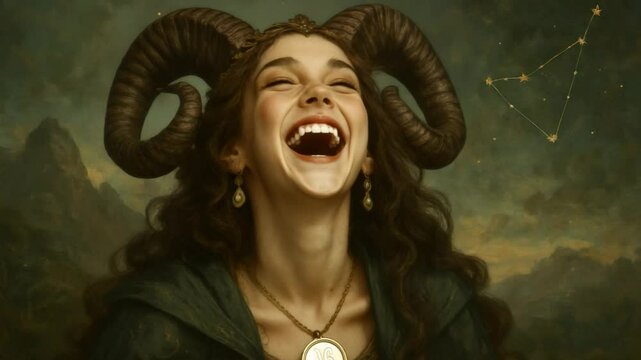 Portrait of a beautiful woman with ram horns in a mystical landscape under the stars aries zodiac