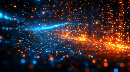 Futuristic digital QMS control interface with glowing blue and orange circuit board design, representing ISO 9001 standards, quality assurance, innovation, and compliance in modern tech.
