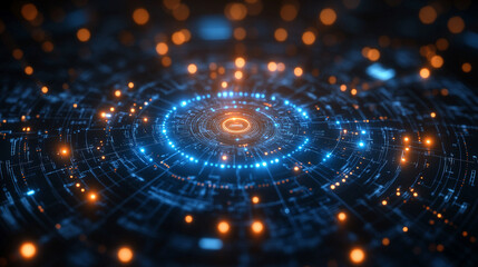 Futuristic digital QMS control interface with glowing blue and orange circuit board design, representing ISO 9001 standards, quality assurance, innovation, and compliance in modern tech.
