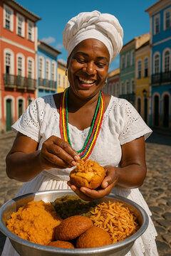 Baiana Preparando Acaraj&eacute; nas Ruas do Pelourinho em Salvador