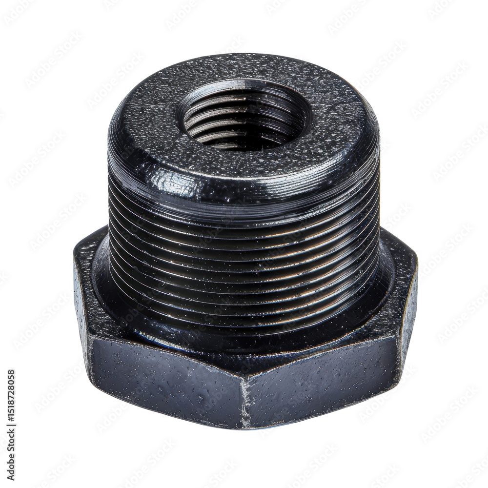 Poster black metal threaded pipe fitting with hexagonal shape, commonly used in plumbing and construction a