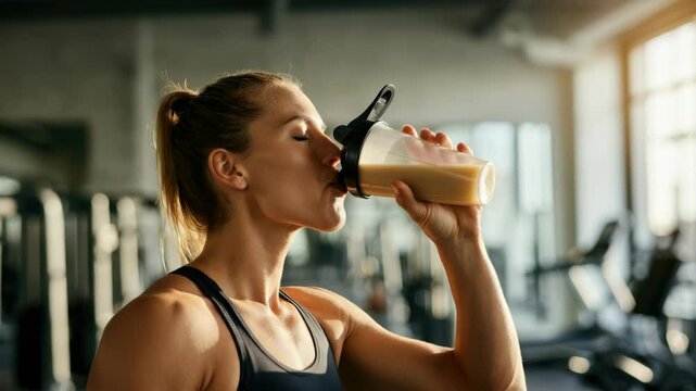 Caucasian female in athletic wear drinking protein shake gym
