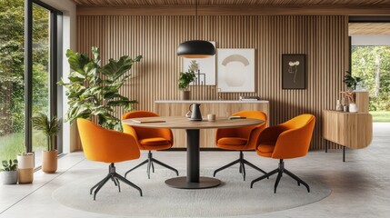 Fototapeta premium Modern, light-filled meeting room with wooden walls and orange chairs