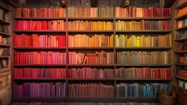 Colorful bookshelves filled with various books in a rainbow spectrum of colors