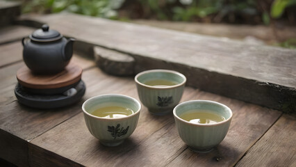 Japanese green tea cups on a wooden table in a Zen garden.
