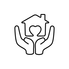 Icon of two hands supporting a house with a heart symbol inside, suitable for non-profit organizations, charities, social campaigns, adoption websites, or materials related to child and family welfare
