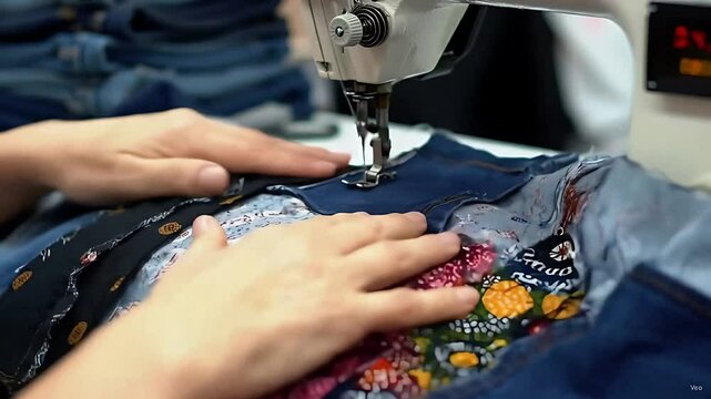 Crafting intricate designs: A sewing machine meticulously stitches elaborate patterns onto a textured heap of repurposed denim jeans, subtly revealing the origin of the upcycled material.