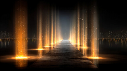 Golden light beams descend upon a dark textured surface, evoking a tiny futuristic city illuminated by celestial energy, symbolizing hope, innovation, and cosmic connection.
