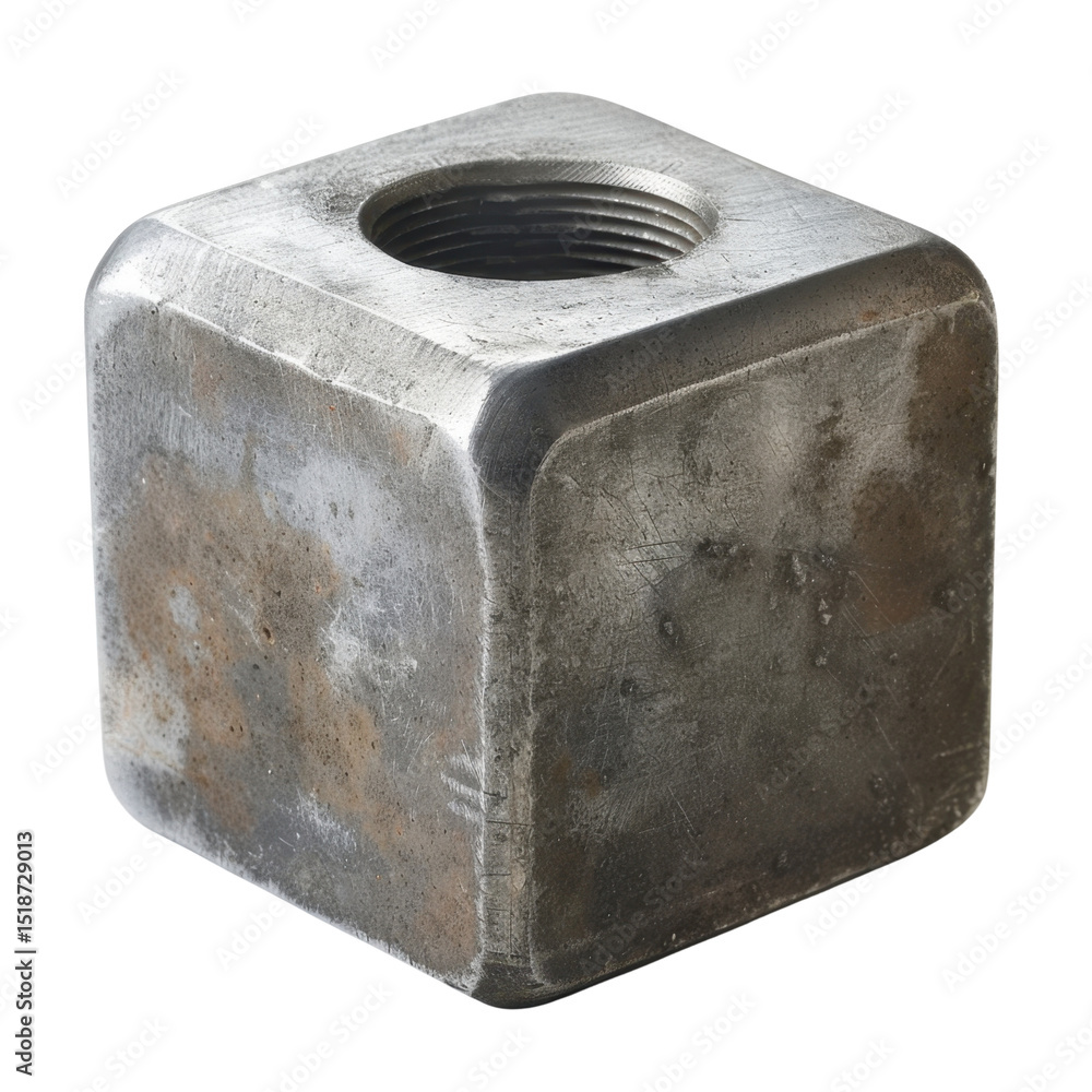 Poster metallic cube with threaded hole, showcasing rugged surface and blend of shiny and dull textures, is