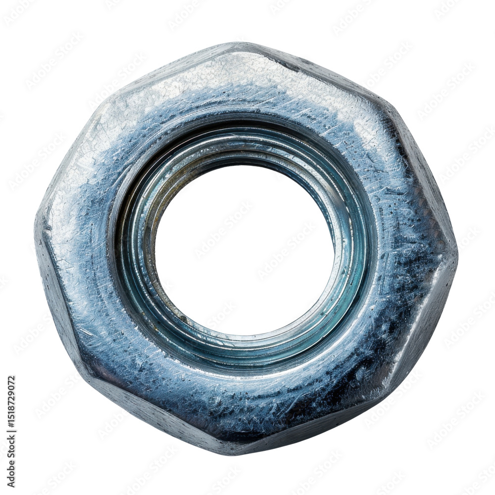 Poster close up view of metallic nut showcasing its hexagonal shape and shiny surface, emphasizing its indu