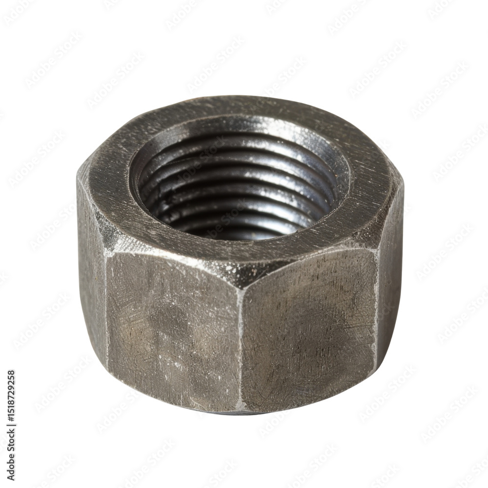 Poster close up view of metallic nut showcasing its hexagonal shape and threaded interior, emphasizing its 