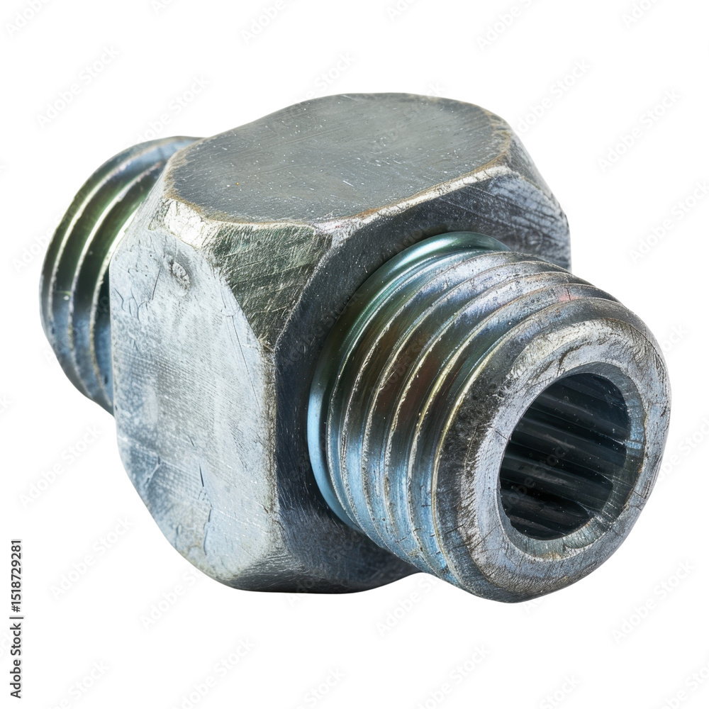 Poster metal connector hexagonal shape threaded ends industrial hardware shiny surface mechanical component