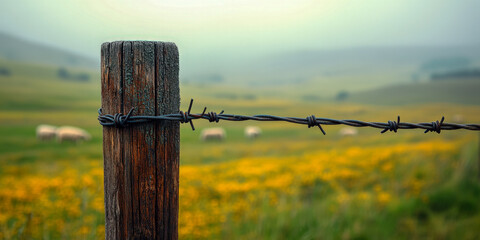 Barbed wire fence amidst blooming wildflowers in a serene countryside landscape at dawn