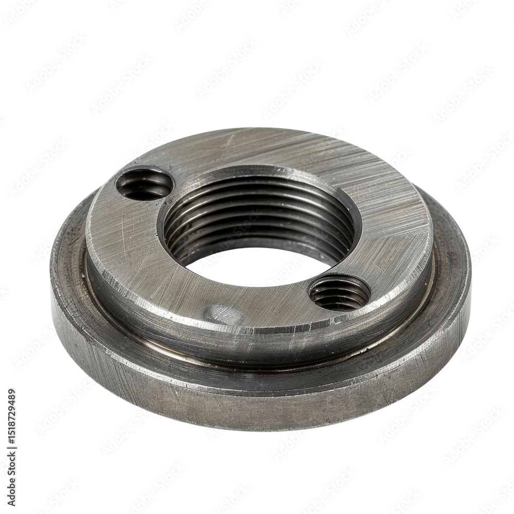 Poster metal flange with threaded hole, used in various mechanical applications, showcasing durable and rob