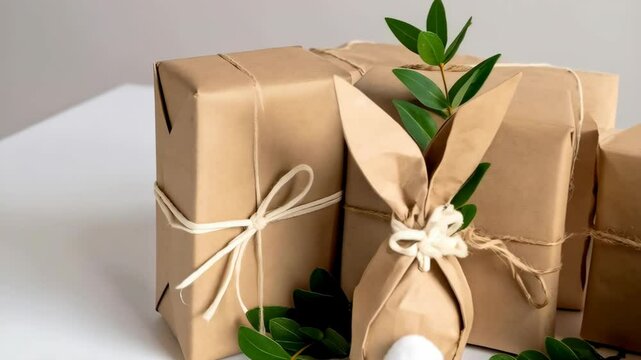 Brown paper wrapped presents with twine and green plant leaves, one with bunny ears on a white surface.
