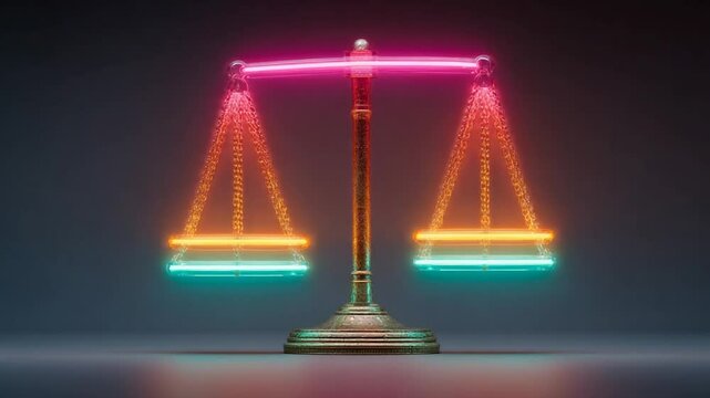 Neon Scales of Justice: A Balance of Law, Ethics, and Legal Concepts Visualization