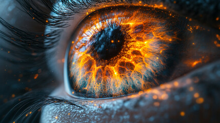 3D digital rendering of a multicolored human iris formed by scattered rainbow lines and binary light—symbolizing identity, vision, biometrics, AI perception, and the fusion of tech and humanity.
