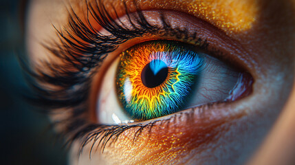 3D digital rendering of a multicolored human iris formed by scattered rainbow lines and binary light—symbolizing identity, vision, biometrics, AI perception, and the fusion of tech and humanity.
