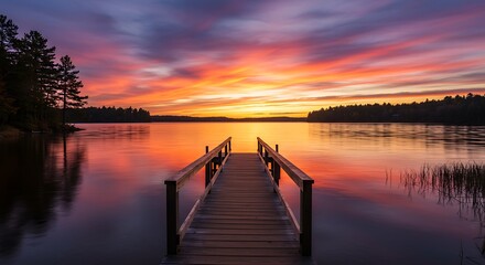 Fototapeta premium Serene Sunset over Calm Lake Wooden Dock Leading to Golden Horizon