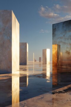 Architectural landscape with reflecting marble structures under a serene sky, creating an illusion of depth and tranquility.