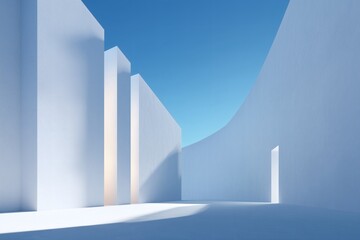 Abstract architecture featuring clean white walls against a serene blue sky, emphasizing minimalism and modern design elements.