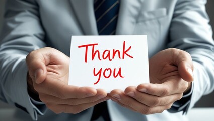 Man holding white card. Red handwritten Thank you note on paper. Male hands show gratitude, appreciation. Giving thanks. Good news. Expressing positive emotions. Message concept.