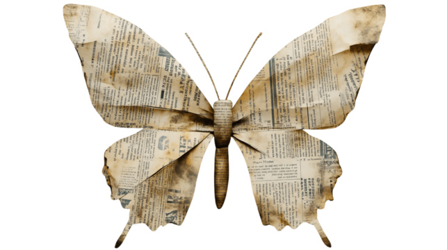 Vintage newspaper origami butterfly, isolated on transparent background cutout