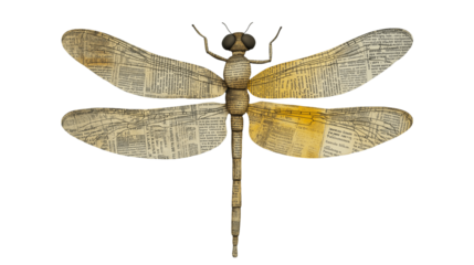 Dragonfly newspaper collage exhibiting intricate design and vintage handcrafted artistry, isolated on transparent background cutout