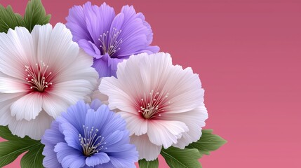 Elegant digital illustration of pastel hibiscus flowers in white, purple, and blue tones with green leaves on a pink gradient background, perfect for spring cards, invitations, or decor