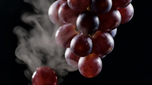 Grapes Imploding One by One in Slow Motion with Juice Bursts and Mist on Black Background