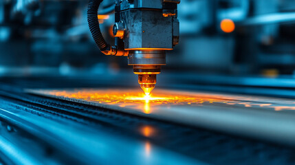 A laser cutting machine engraves a wooden plank with precision—symbolizing innovation, automation, craftsmanship, and the seamless fusion of technology with traditional materials.
