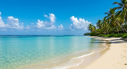 Fototapeta premium Serene Tropical Beach Paradise Azure Waters, White Sand, and Palm Trees