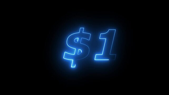 neon 1dollar text icon. animation on black background.Neon glowing Number counter from