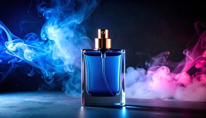 Blue Perfume Bottle with Pink and Blue Smoke on Dark Background