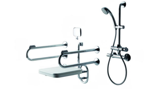Chrome shower system featuring adjustable height and handheld shower head, complemented by safety grab bars and a shower seat, enhancing bathroom accessibility and independence