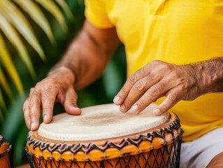 A person in a yellow shirt plays a hand drum outdoors, focusing on rhythmic hand movements and vibrant energy.