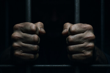 Prisoner’s hands gripping jail bars in dark cell