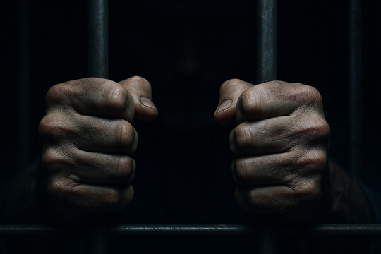Prisoner’s hands gripping jail bars in dark cell