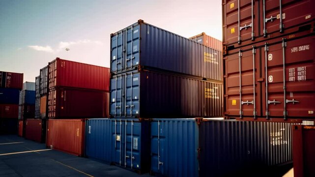 Colorful shipping containers stacked in storage yard under a bright sky, logistical industry, freight transport concept, intermodal terminal