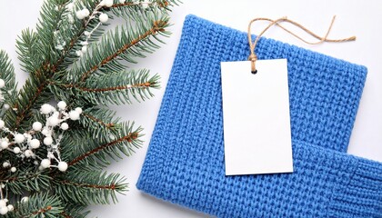 Blue Knitted Napkin Mockup with Blank Tag and Winter Branches