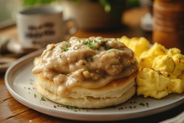 Biscuits And Gravy Breakfast With Scrambled Eggs And Southern Kitchen Charm