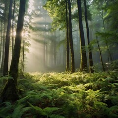 Obraz premium Lush Green Forest with Morning Sunlight and Mist