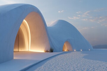 Striking architecture with smooth, white curves and illuminated archways creates a serene and futuristic atmosphere at twilight.