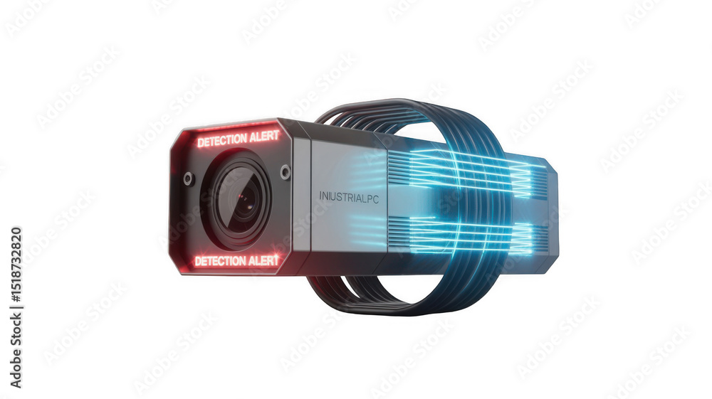 Poster futuristic industrial camera transmitting data, emitting blue light trails and showing detection ale