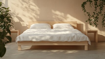 Light-filled bedroom with a simple wooden bed.