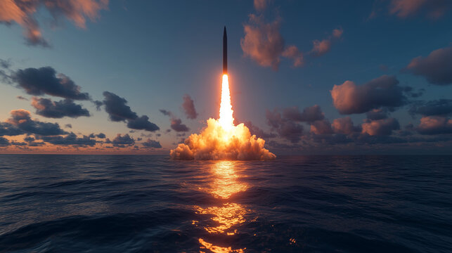 A submarine-launched ICBM erupts from the ocean, trailing water vapor before detonating mid-air. The split-second fireball reflects on the waves, copy space top.