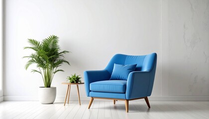 Blue Chair in Minimalist White Room with Textured Wall